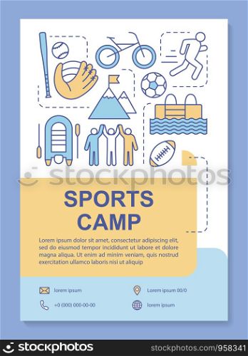 Sports camp, body training brochure template layout. Flyer, booklet, leaflet print design with linear illustrations. Vector page layouts for magazines, annual reports, advertising posters