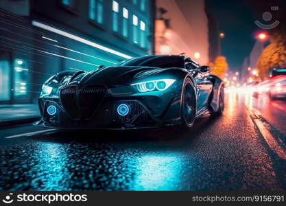 Sports car drives on city street road at night , Generate AI