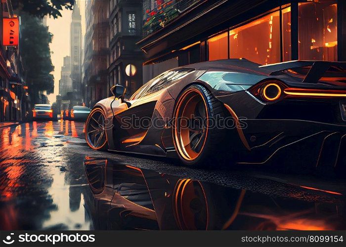 Sports car on the road against the backdrop of a modern city. Neural network AI generated art. Sports car on the road against the backdrop of a modern city. Neural network AI generated