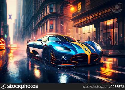 Sports car on the road against the backdrop of a modern city. Neural network AI generated art. Sports car on the road against the backdrop of a modern city. Neural network AI generated