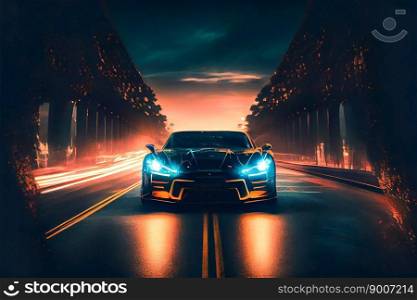 Sports car racing in the night.  Generative AI 