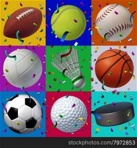 Sports celebration seamless pattern with confetti and streamers in the air as a festive design element for a birthday with leisure sport equipment as a football baseball basketball volleyball hockey tennis golf and soccer.