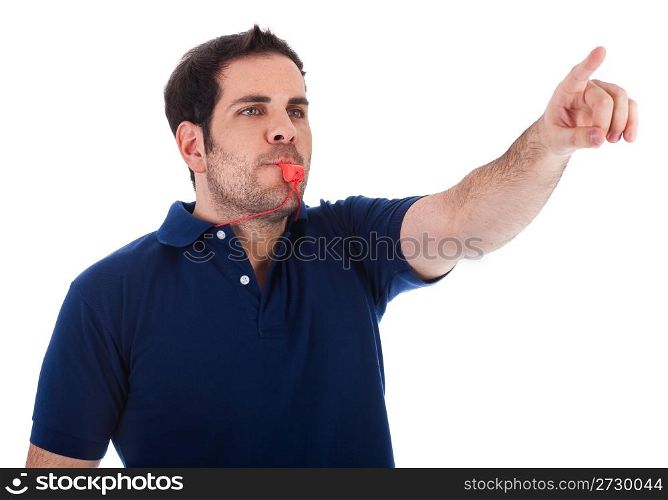 Sports coacher whistling and pointing up on a white background