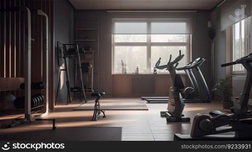 Sports empty club, fitness gym with a group of exercise machines and bike paths. Header banner mockup with copy space. AI generated.. Sports empty club, fitness gym with a group of exercise machines and bike paths. AI generated.