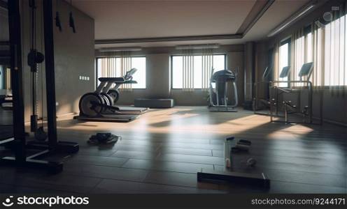 Sports empty club, fitness gym with a group of exercise machines and bike paths. Header banner mockup with copy space. AI generated.. Sports empty club, fitness gym with a group of exercise machines and bike paths. AI generated.