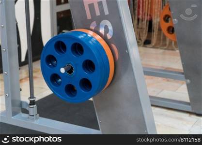 sports equipment and barbells in the gym, close-up. sports equipment in the hall