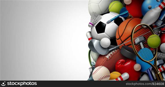 Sports equipment background with a football basketball baseball soccer tennis and golf ball including ping pong tennis hockey puck as healthy recreation including copy space with 3D illustration elements.