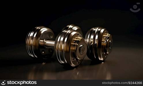 Sports equipment chrome dumbbell, dark background. Header banner mockup with copy space. AI generated.. Sports equipment chrome dumbbell, dark background. AI generated.