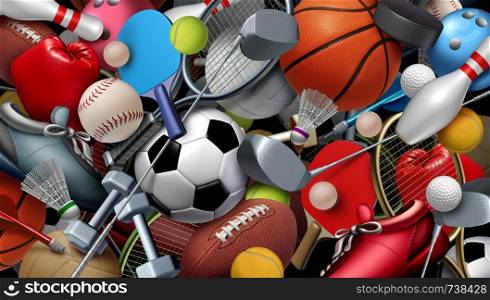 Sports equipment with a football basketball baseball soccer tennis and golf ball including ping pong tennis hockey puck as healthy recreation and leisure fun activities for team and individual playing for health with 3D illustration elements.