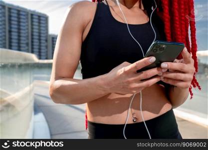 Sports female with smartphone for progress, performance and communication for a healthy lifestyle