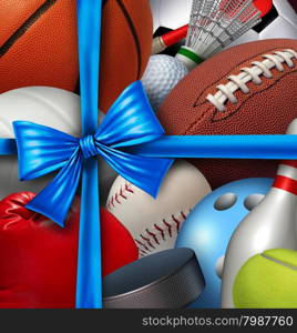 Sports gift concept as a group of sport equipment as football basketball baseball sooccer hockey and golf wrapped with a silk ribbon and bow as a symbol of athletic holiday giving to promote exercise and fitness.