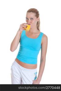 Sports girl drinks orange juice. Isolated on white background