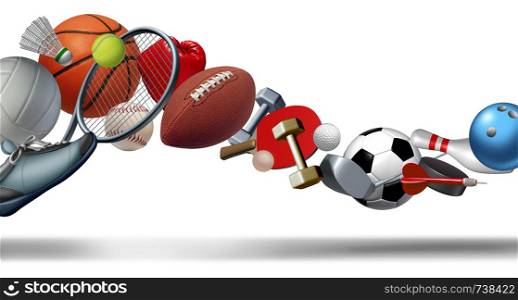 Sports graphic element as a swirl made of sport equipment and gaming objects as a symbol for a healthy lifestyle with 3D illustration elements on a white background.