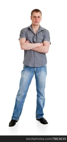 Sports guy in jeans is isolated on a white background