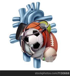 Sports healthy heart as a human organ made with exercise sport equipment as a symbol for an active lifestyle isolated on a white background as a medical health and fitness symbol with 3D illustration elements.