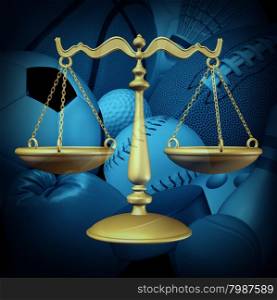 Sports law concept with sport equipment and a legel scale of justice symbol as an icon for amateur and professional sport contract dispute or athlete arbitration procedures for baseball basketball football soccer and hockey for the sporting industry.