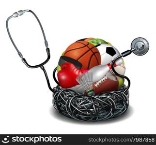 Sports medicine concept and athletic medical care symbol as a doctor stethoscope tangled around a group of sport equipment icons for soccer football basketball and baseball.