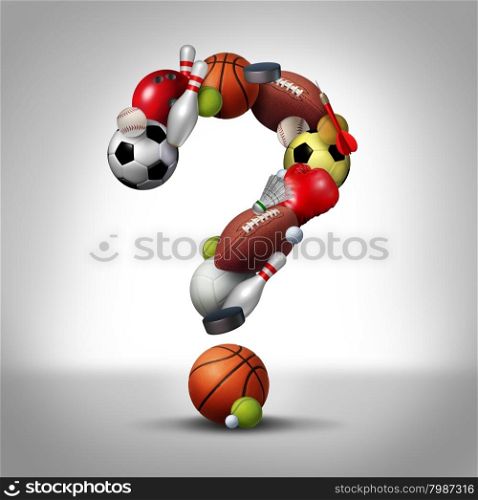 Sports questions symbol as equipment with a football basketball baseball soccer tennis and golf ball and badminton hockey puck shaped as a question mark as a concept fo decisions in choosing a healthy recreation and leisure fun activity for team or individual playing for health.