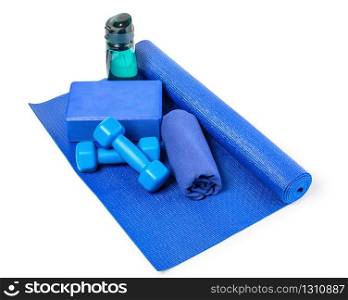 Sports requisites on sport mat isolated on white with clipping path