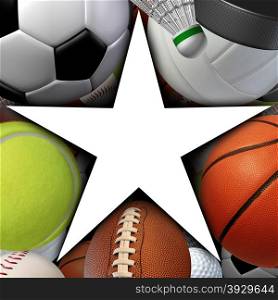 Sports star symbol with a group of sport balls equipment as an icon of recreation fitness success and exercise with a blank white area.