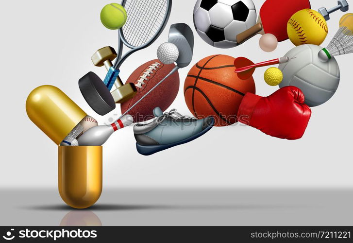 Sports supplements and sport vitamins concept as a capsule with football soccer basketball and exercise equipment inside a nutrient pill as a medicine performance health treatment with 3D illustration elements.