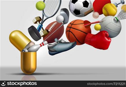 Sports supplements and sport vitamins concept as a capsule with football soccer basketball and exercise equipment inside a nutrient pill as a medicine performance health treatment with 3D illustration elements.