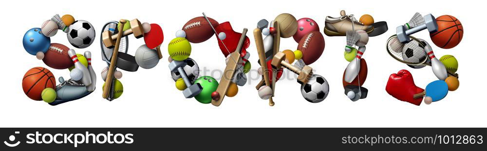 Sports text made with sport objects and fitness equipment with a football basketball baseball soccer tennis and golf ball and hockey puck as recreation and leisure activity for team and individual playing with 3D illustration elements.