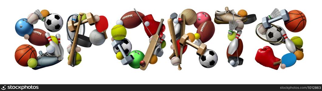 Sports text made with sport objects and fitness equipment with a football basketball baseball soccer tennis and golf ball and hockey puck as recreation and leisure activity for team and individual playing with 3D illustration elements.