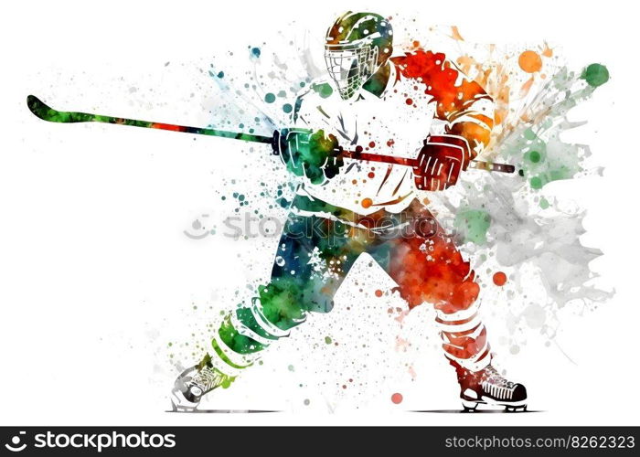 Sportsman playing hockey on watercolor rainbow splash. Neural network AI generated art. Sportsman playing hockey on watercolor rainbow splash. Neural network generated art