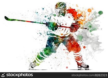 Sportsman playing hockey on watercolor rainbow splash. Neural network AI generated art. Sportsman playing hockey on watercolor rainbow splash. Neural network generated art