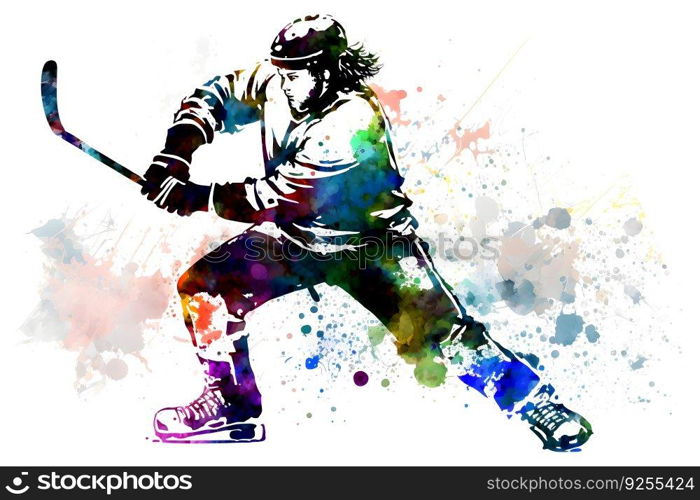 Sportsman playing hockey on watercolor rainbow splash. Neural network AI generated art. Sportsman playing hockey on watercolor rainbow splash. Neural network generated art