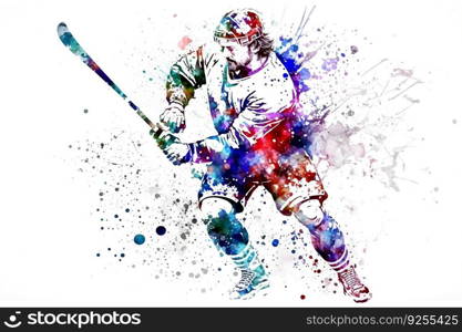 Sportsman playing hockey on watercolor rainbow splash. Neural network AI generated art. Sportsman playing hockey on watercolor rainbow splash. Neural network generated art