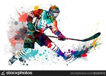 Sportsman playing hockey on watercolor rainbow splash. Neural≠twork AI≥≠rated art. Sportsman playing hockey on watercolor rainbow splash. Neural≠twork≥≠rated art