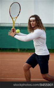 Sportsman showing concentrated facial expression hitting ball with tennis racket playing on open court in summer. Sportsman hitting ball with tennis racket playing on open court in summer