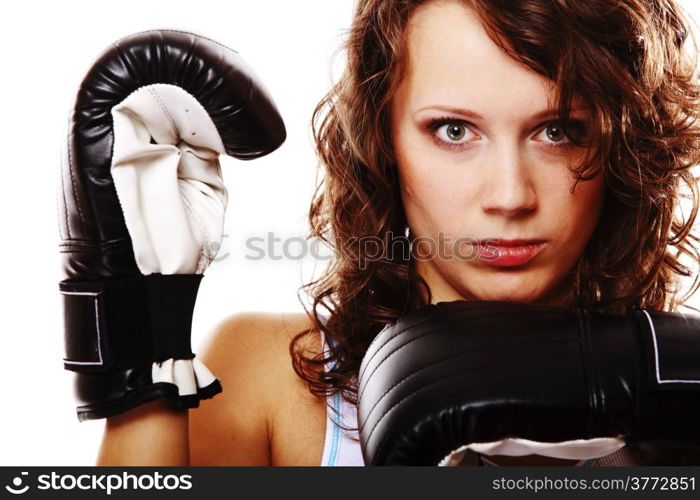 Sportswoman boxer fit woman boxing - isolated over white background