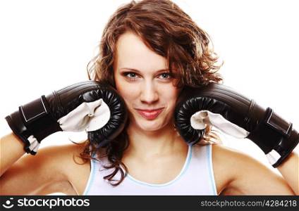Sportswoman boxer fit woman boxing - isolated over white background