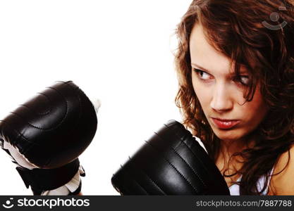 Sportswoman boxer fit woman boxing - isolated over white background