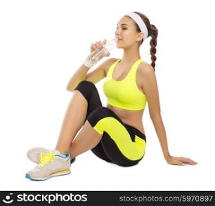 Sporty girl drink water isolated