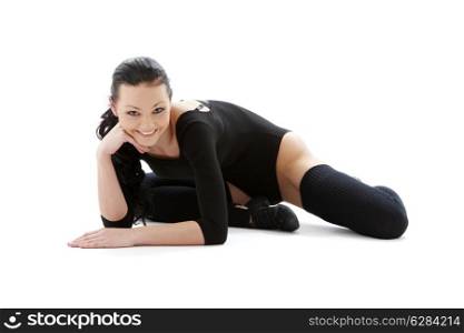 sporty girl in black leotard over white