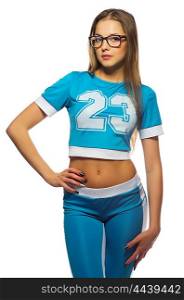 Sporty girl in blue costume isolated
