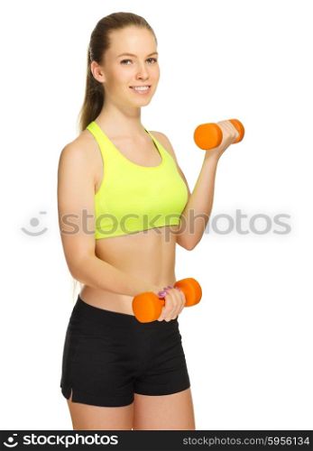 Sporty girl with dumbbells isolated