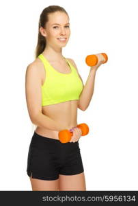 Sporty girl with dumbbells isolated