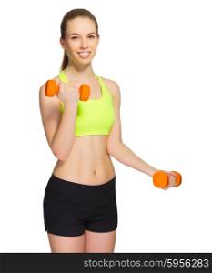 Sporty girl with dumbbells isolated