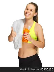 Sporty girl with towel and bottle isolated