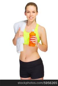 Sporty girl with towel and water bottle isolated