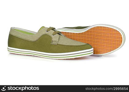 Sporty shoes in sport shoes concept on white