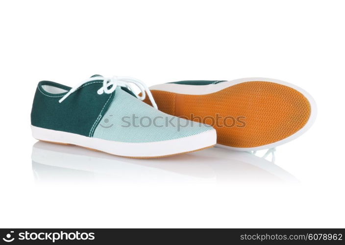 Sporty shoes in sport shoes concept on white