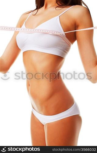 Sporty woman body with white measure on white background