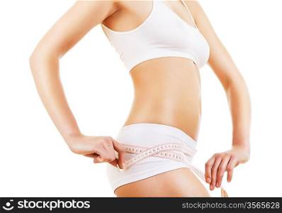 sporty woman figure with white tapemeasure on white background