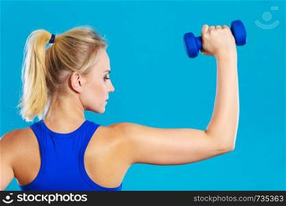 Sporty woman lifting light dumbbells weights. Fit girl exercising building muscles. Fitness and bodybuilding, back view. Fit woman lifting dumbbells weights